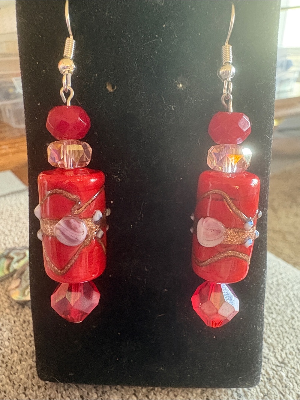 Red Lampwork Glass Bead Drop Earrings - with Crystal and Stone Accents